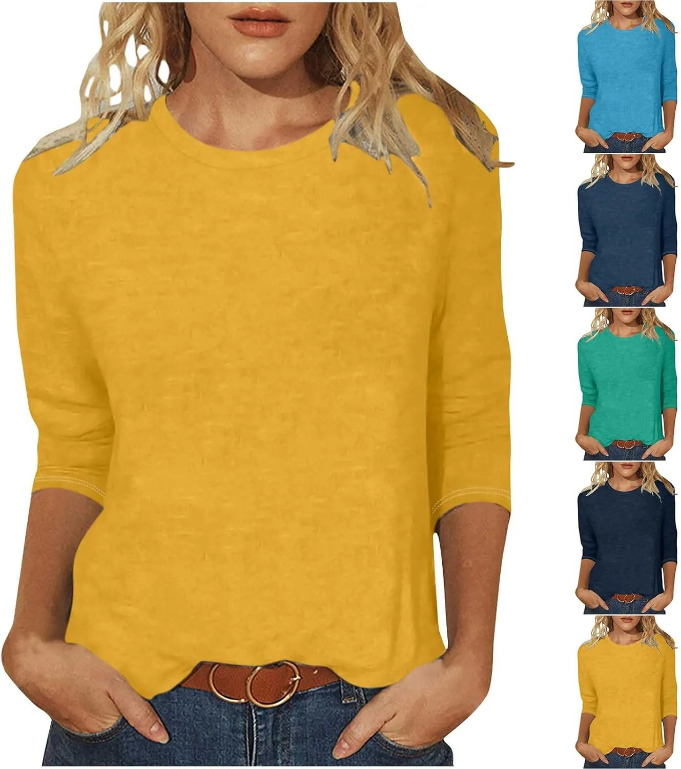 HGps8w 3/4 Sleeve Shirts for Women Basic Casual Solid 2025 Summer Pullover Tunic Tee Shirt Loose Crewneck Blouse Tops