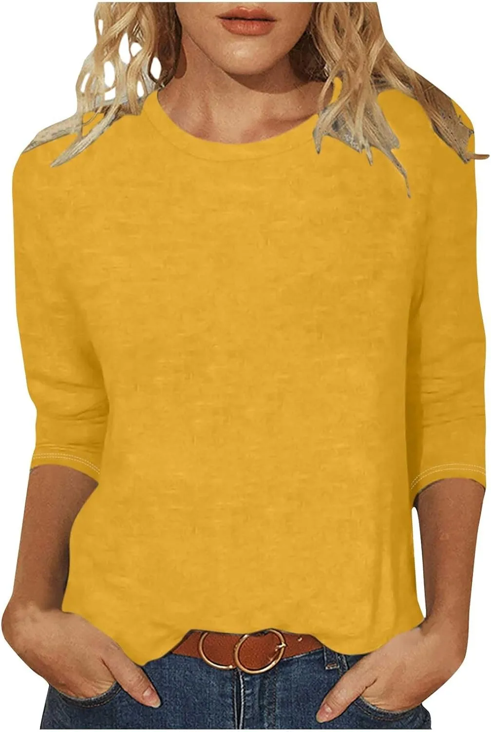 HGps8w 3/4 Sleeve Shirts for Women Basic Casual Solid 2025 Summer Pullover Tunic Tee Shirt Loose Crewneck Blouse Tops