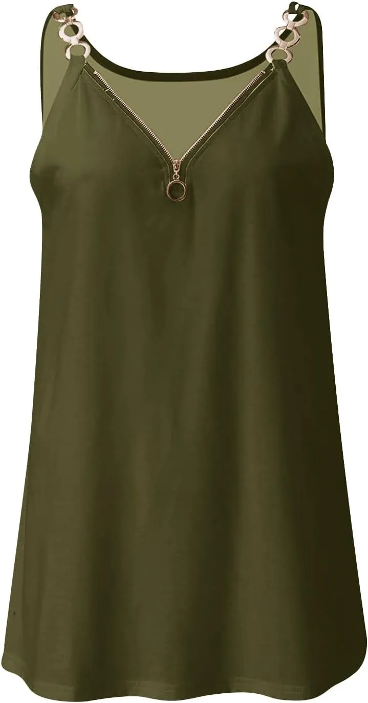 HGps8w Camisole Tops for Women 2025 Summer Sexy Zipper V Neck Tank Top Chain Strap Sleeveless Loose Beach Tee Shirts