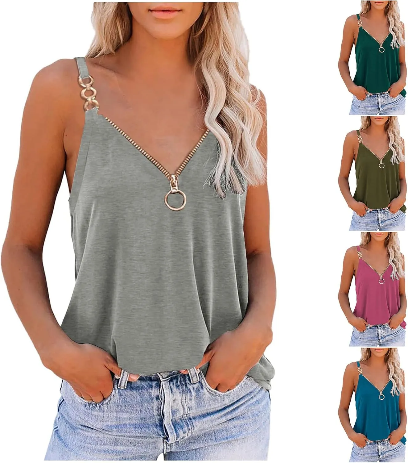 HGps8w Camisole Tops for Women 2025 Summer Sexy Zipper V Neck Tank Top Chain Strap Sleeveless Loose Beach Tee Shirts