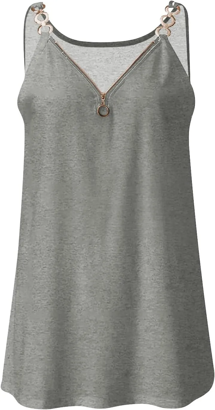 HGps8w Camisole Tops for Women 2025 Summer Sexy Zipper V Neck Tank Top Chain Strap Sleeveless Loose Beach Tee Shirts