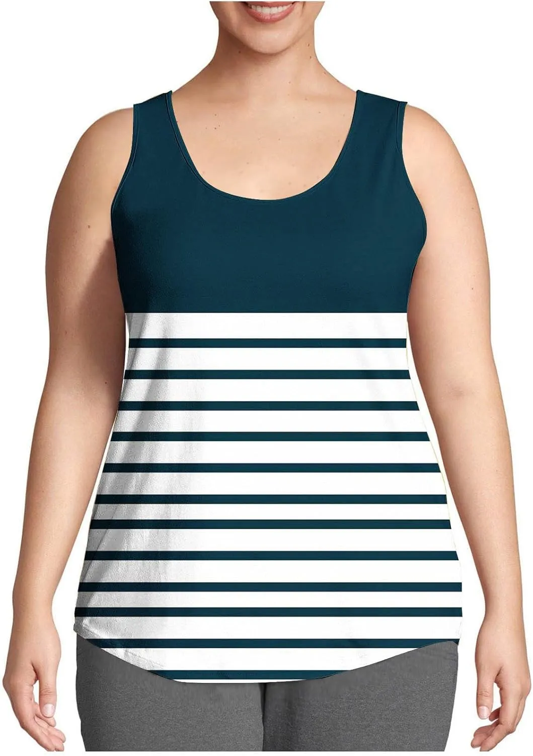 HGps8w Casual Striped Tank Top for Women Plus Size Trendy Summer Sleeveless Crewneck Loose Fit Colorblock Tunic Tee Shirts