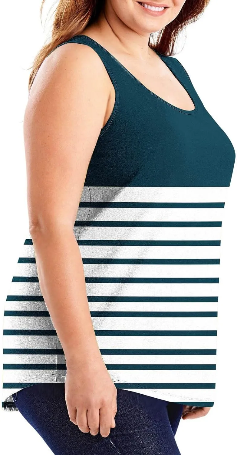 HGps8w Casual Striped Tank Top for Women Plus Size Trendy Summer Sleeveless Crewneck Loose Fit Colorblock Tunic Tee Shirts