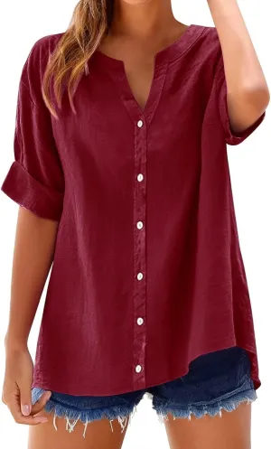 HGps8w Cotton Linen Shirts for Women Button Down Lightweight Summer Casual Tunic Tops Loose V Neck Short Sleeve Blouse
