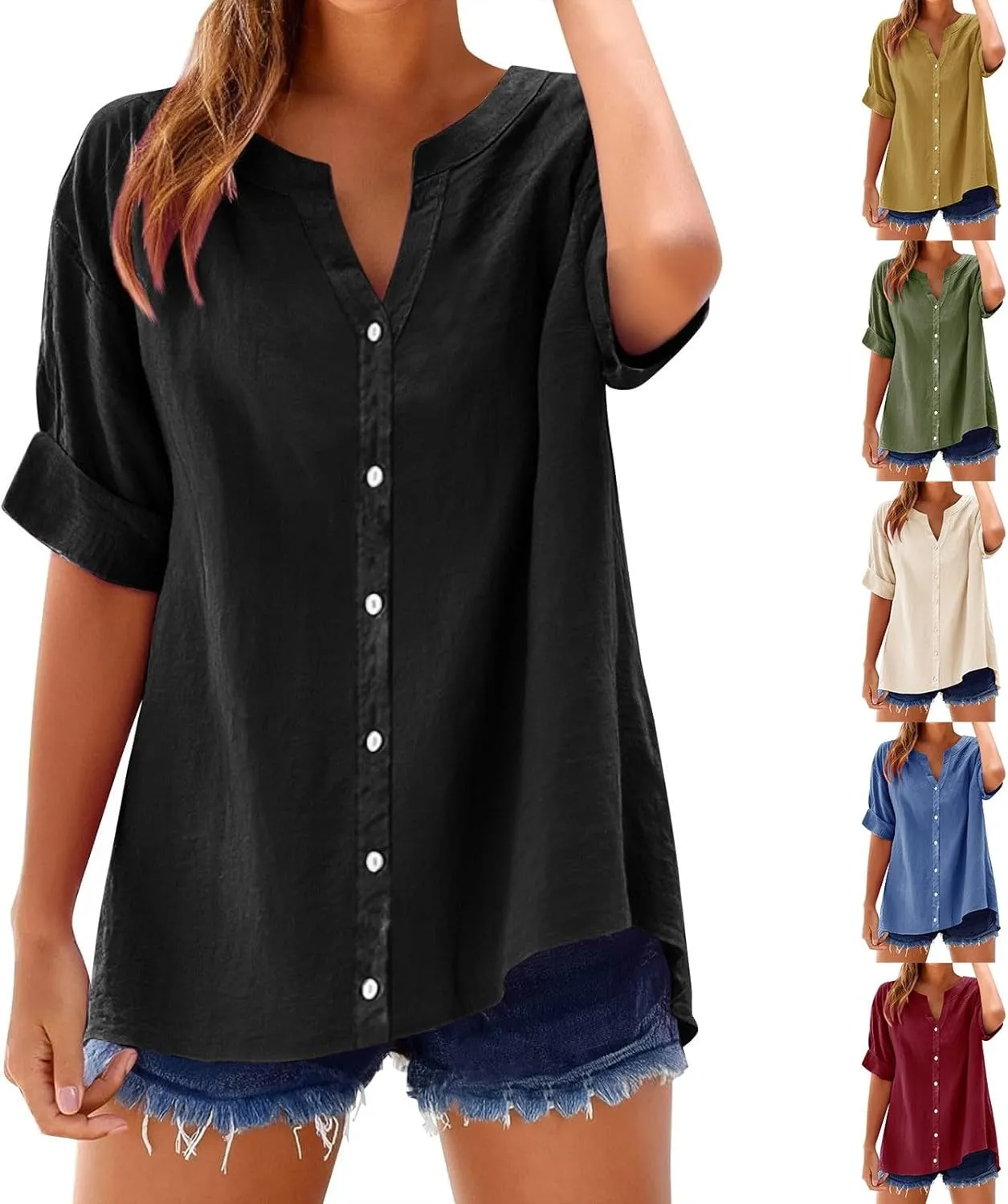 HGps8w Cotton Linen Shirts for Women Button Down Lightweight Summer Casual Tunic Tops Loose V Neck Short Sleeve Blouse