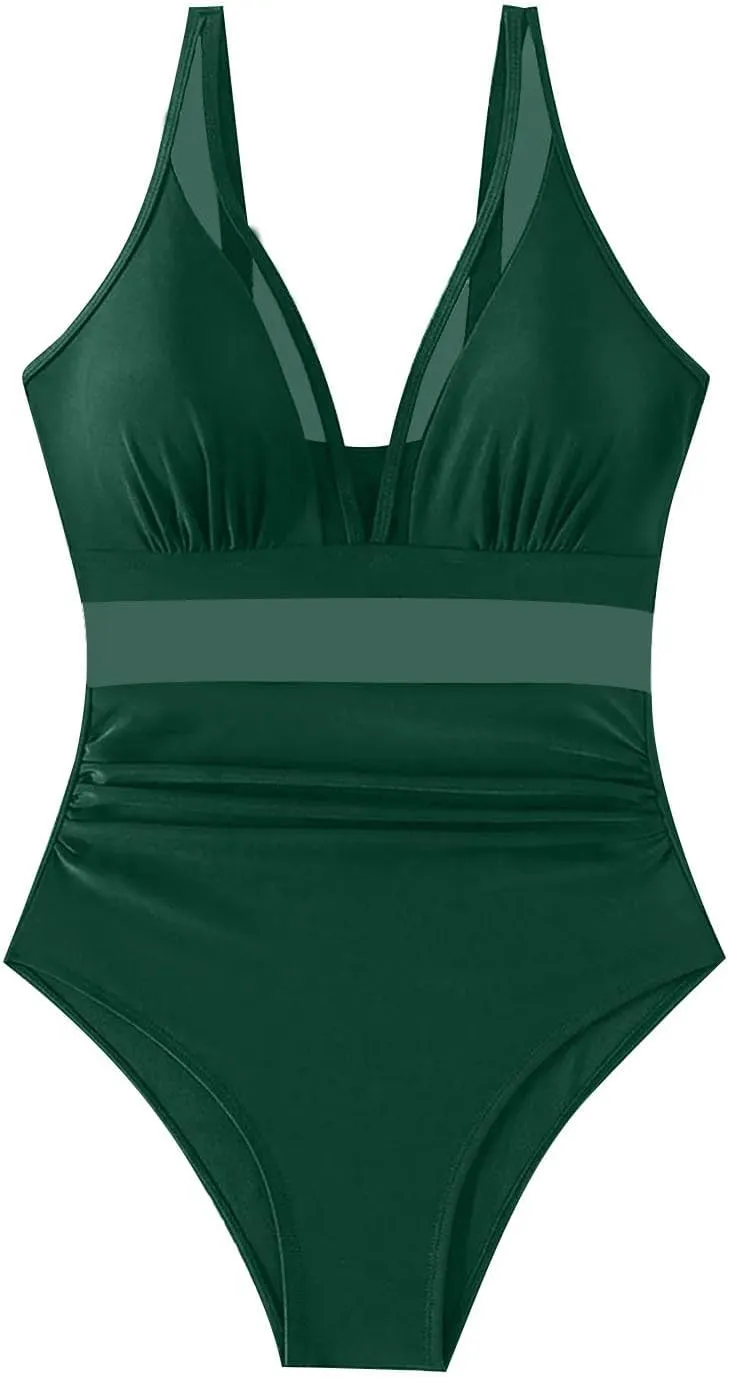 HGps8w Halter Deep V Neck One Piece Swimsuit for Women Tummy Control Sexy Mesh Patchwork Backless Bathing Suit