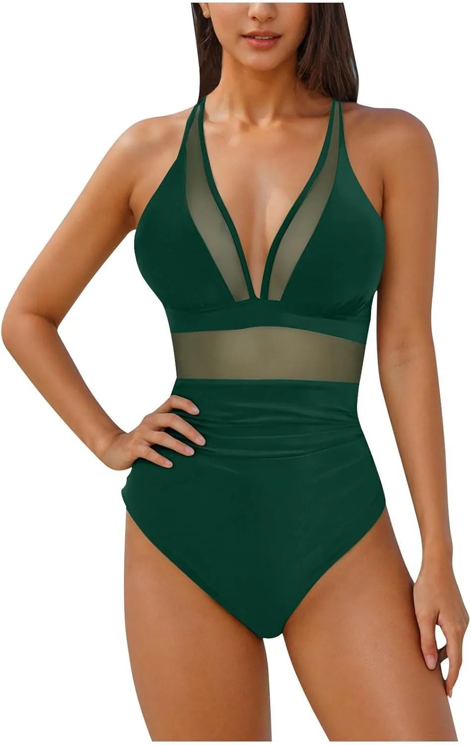 HGps8w Halter Deep V Neck One Piece Swimsuit for Women Tummy Control Sexy Mesh Patchwork Backless Bathing Suit