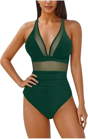 HGps8w Halter Deep V Neck One Piece Swimsuit for Women Tummy Control Sexy Mesh Patchwork Backless Bathing Suit