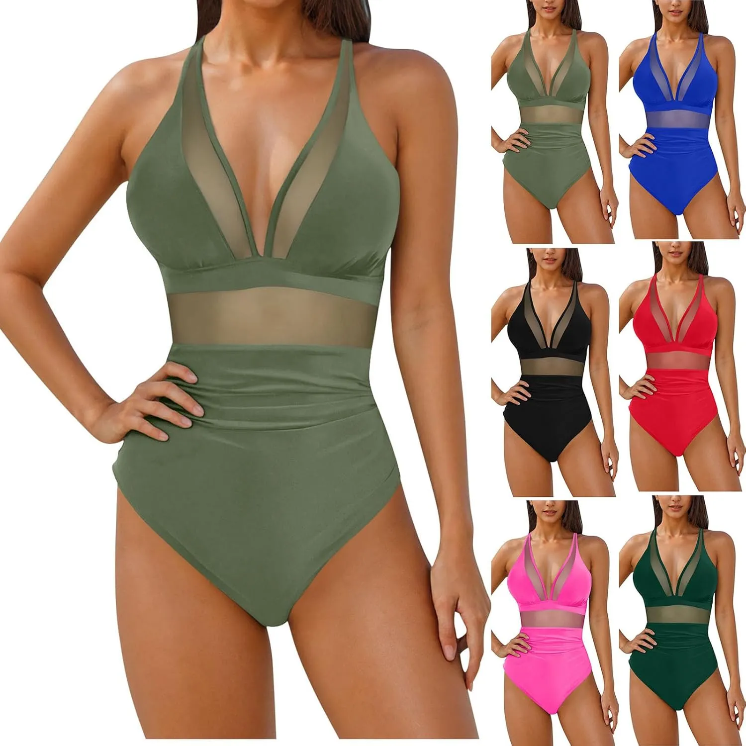 HGps8w Halter Deep V Neck One Piece Swimsuit for Women Tummy Control Sexy Mesh Patchwork Backless Bathing Suit