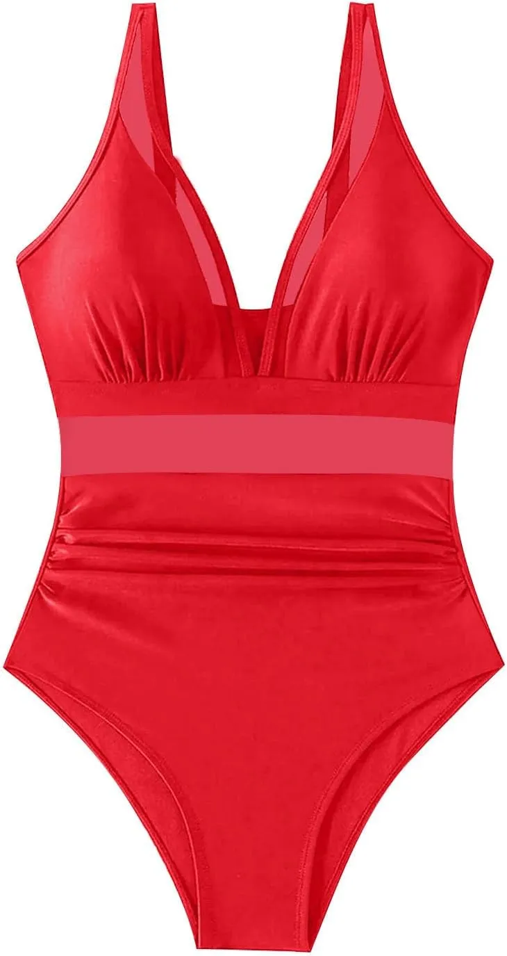 HGps8w Halter Deep V Neck One Piece Swimsuit for Women Tummy Control Sexy Mesh Patchwork Backless Bathing Suit