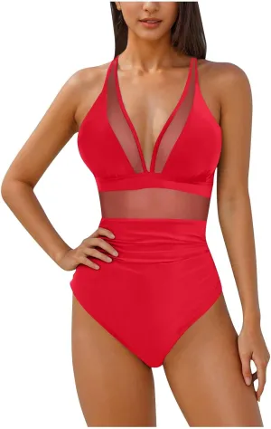 HGps8w Halter Deep V Neck One Piece Swimsuit for Women Tummy Control Sexy Mesh Patchwork Backless Bathing Suit