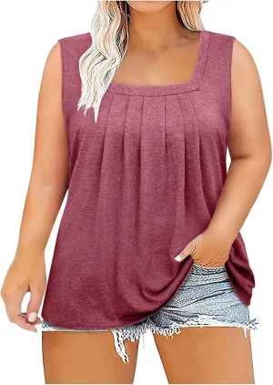 HGps8w Plus Size Womens Square Neck Pleated Tank Tops Summer Loose Sleeveless Blouses Casual Ladies Tunic T-Shirts