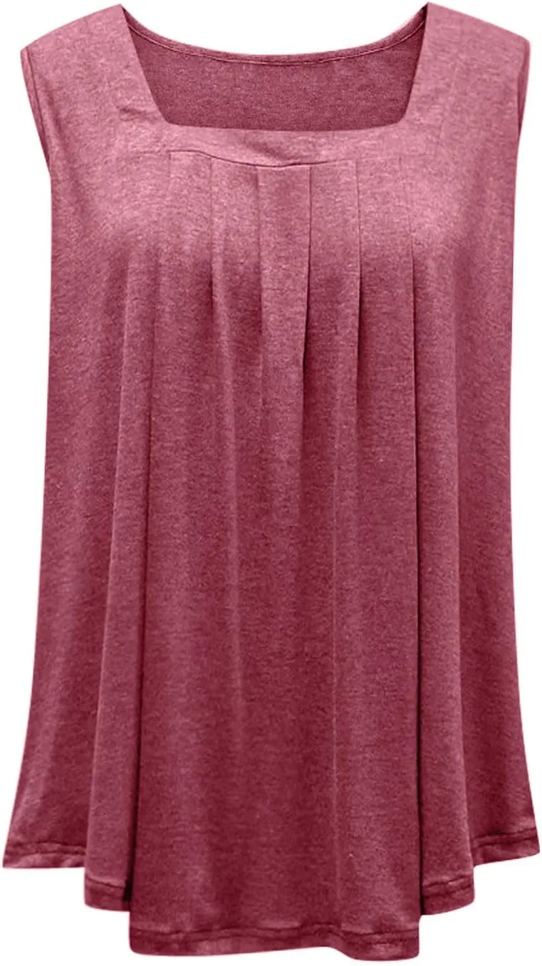HGps8w Plus Size Womens Square Neck Pleated Tank Tops Summer Loose Sleeveless Blouses Casual Ladies Tunic T-Shirts
