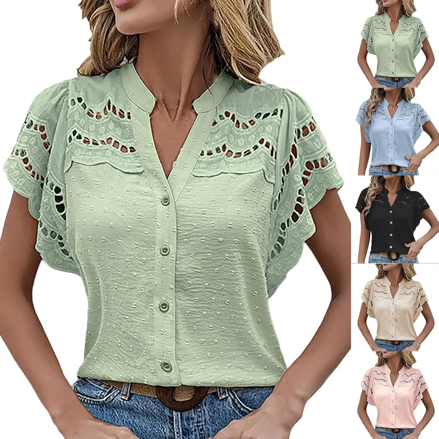 HGps8w Women's Dressy Texture Batwing Tops - Trendy Loose Hollow Patchwork Button Down Short Sleeve Blouse Cute Summer Shirts