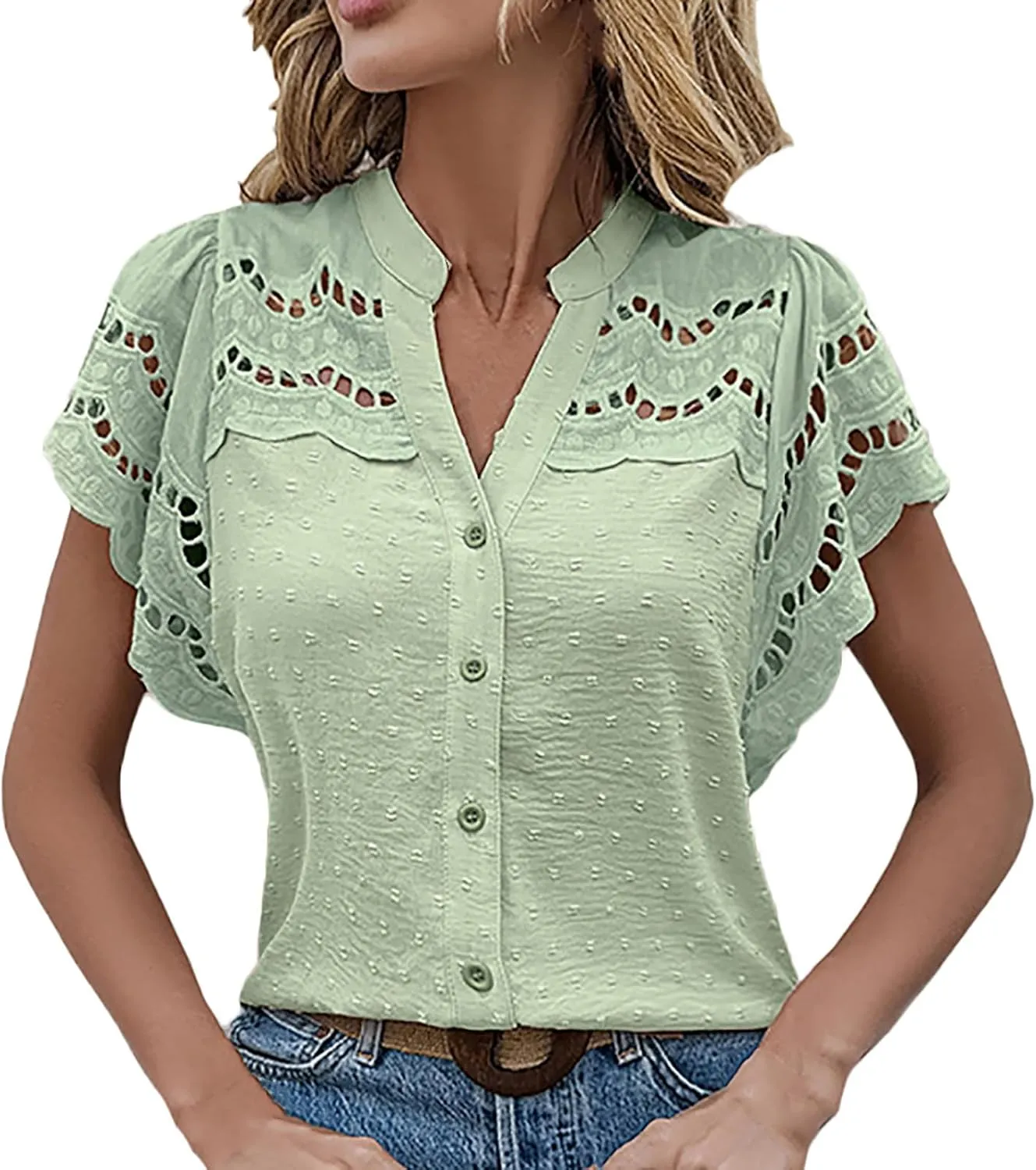 HGps8w Women's Dressy Texture Batwing Tops - Trendy Loose Hollow Patchwork Button Down Short Sleeve Blouse Cute Summer Shirts