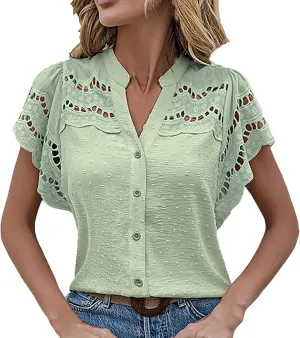 HGps8w Women's Dressy Texture Batwing Tops - Trendy Loose Hollow Patchwork Button Down Short Sleeve Blouse Cute Summer Shirts