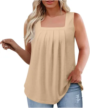 HGps8w Women's Pleated Plus Size Tank Tops Casual 2025 Summer Loose Fit Square Neck Sleeveless Tee Shirts Blouse