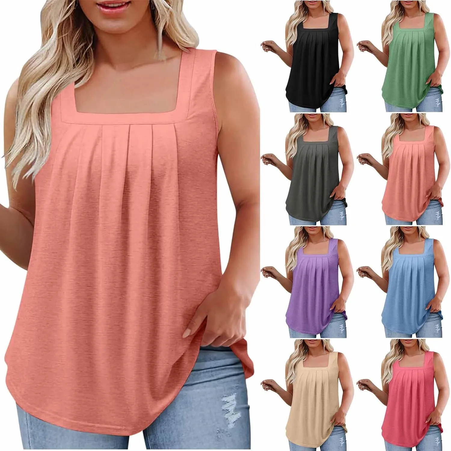 HGps8w Women's Pleated Plus Size Tank Tops Casual 2025 Summer Loose Fit Square Neck Sleeveless Tee Shirts Blouse