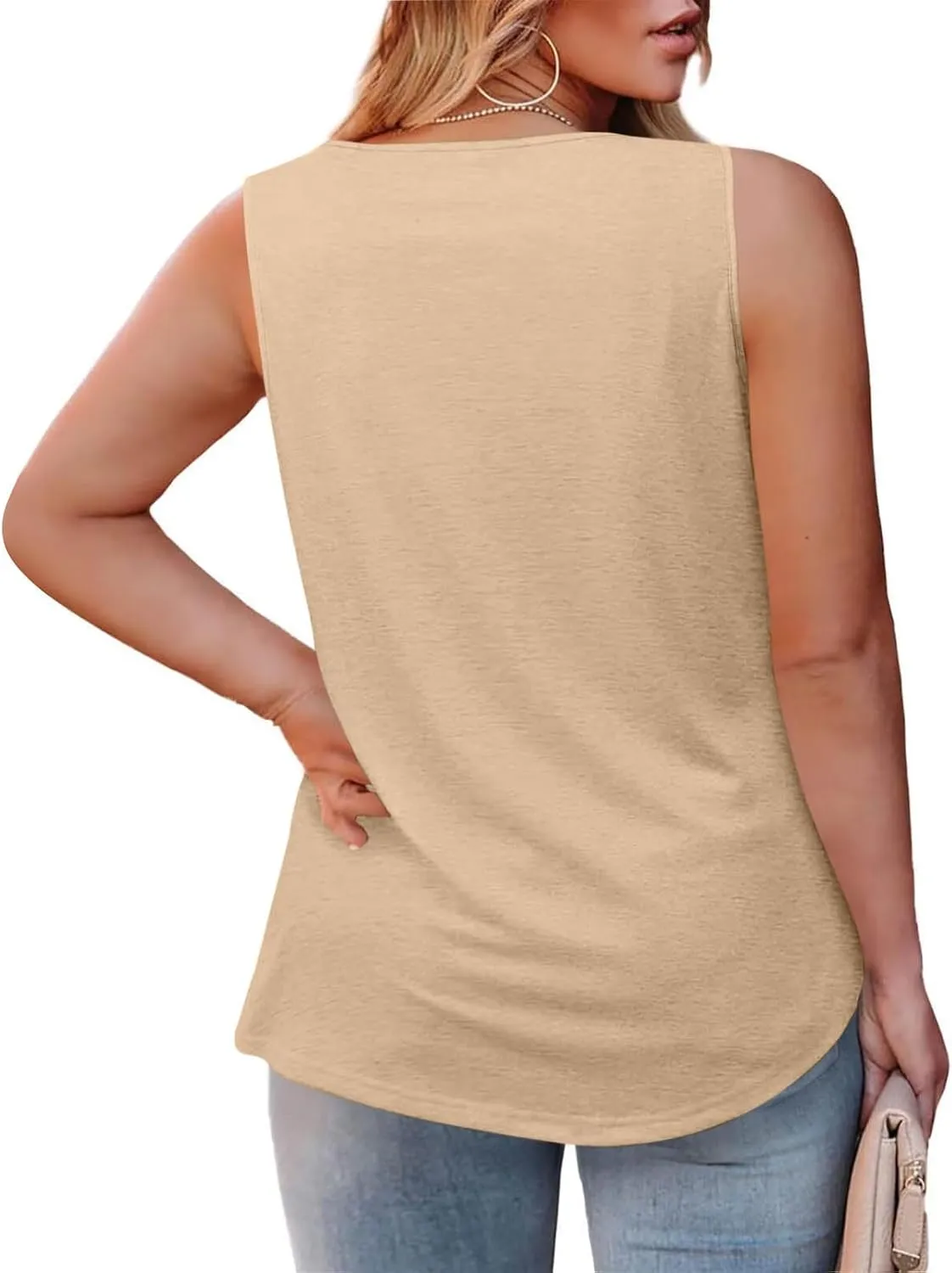 HGps8w Women's Pleated Plus Size Tank Tops Casual 2025 Summer Loose Fit Square Neck Sleeveless Tee Shirts Blouse