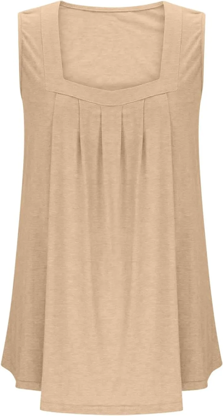 HGps8w Women's Pleated Plus Size Tank Tops Casual 2025 Summer Loose Fit Square Neck Sleeveless Tee Shirts Blouse