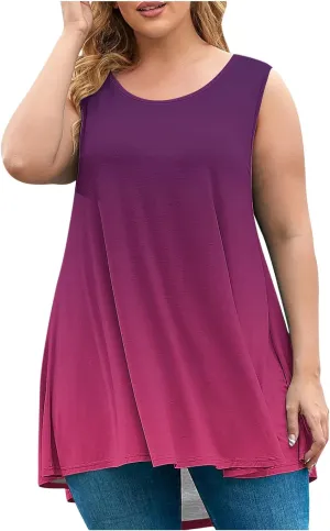 HGps8w Women's Plus Size Tank Tops Dressy Casual 2025 Summer Gradient Blouse Loose Crewneck Sleeveless Flowy Tunic T-Shirts