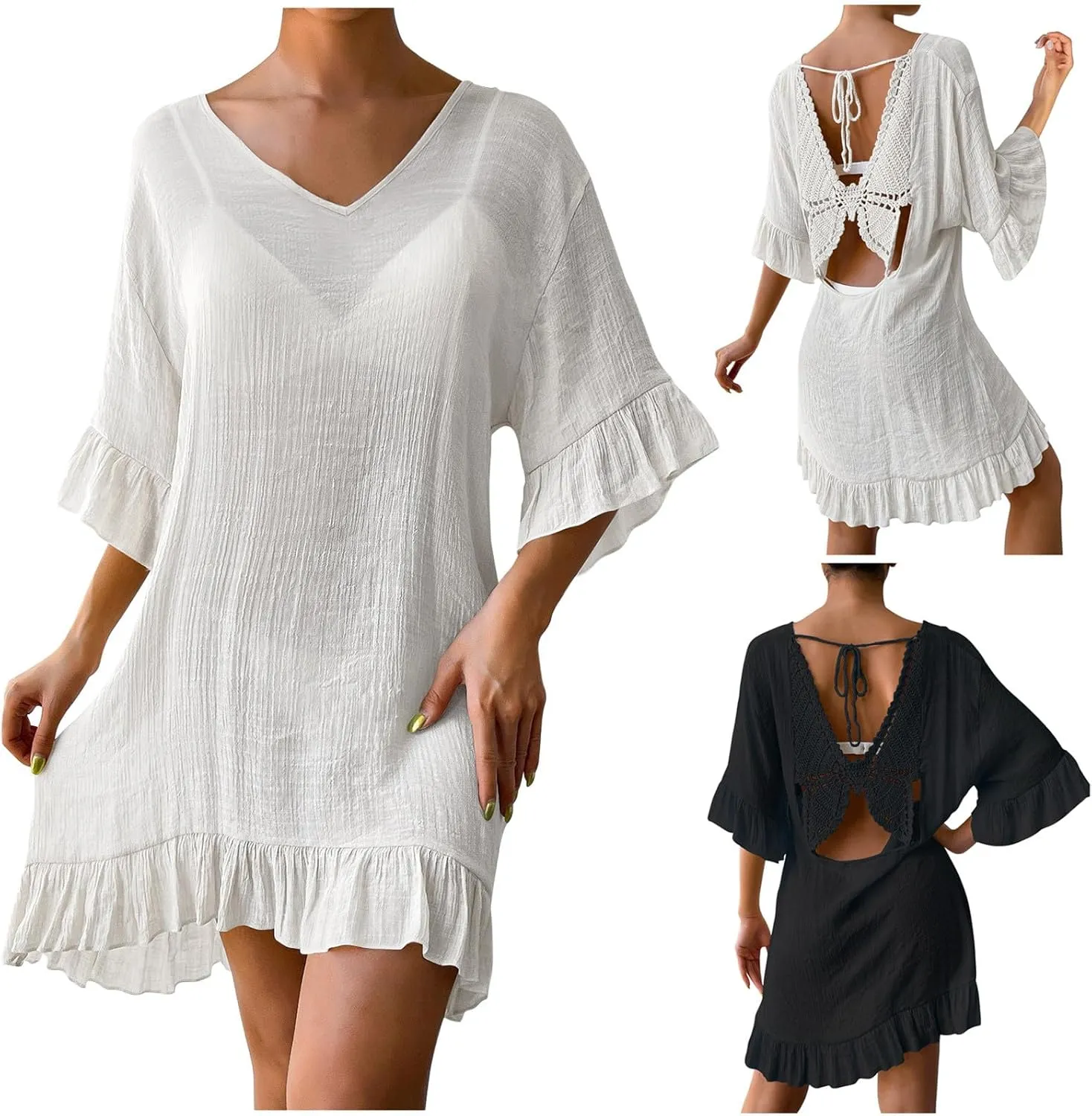 HGps8w Women's Ruffle Hem Linen Coverups Sexy Backless Loose V Neck Vacation Beach Dress Boho Party Swimsuit Cover Up