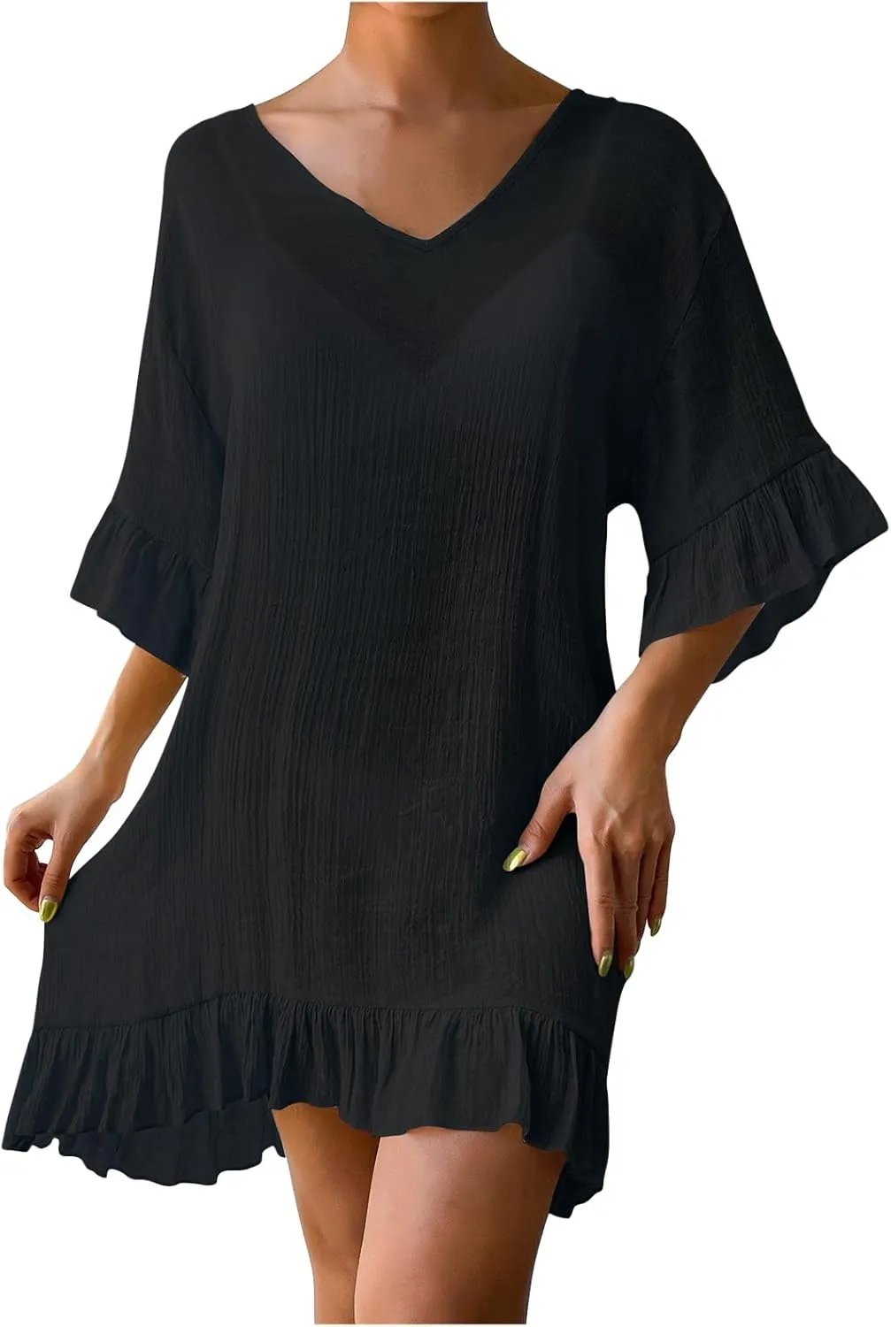 HGps8w Women's Ruffle Hem Linen Coverups Sexy Backless Loose V Neck Vacation Beach Dress Boho Party Swimsuit Cover Up