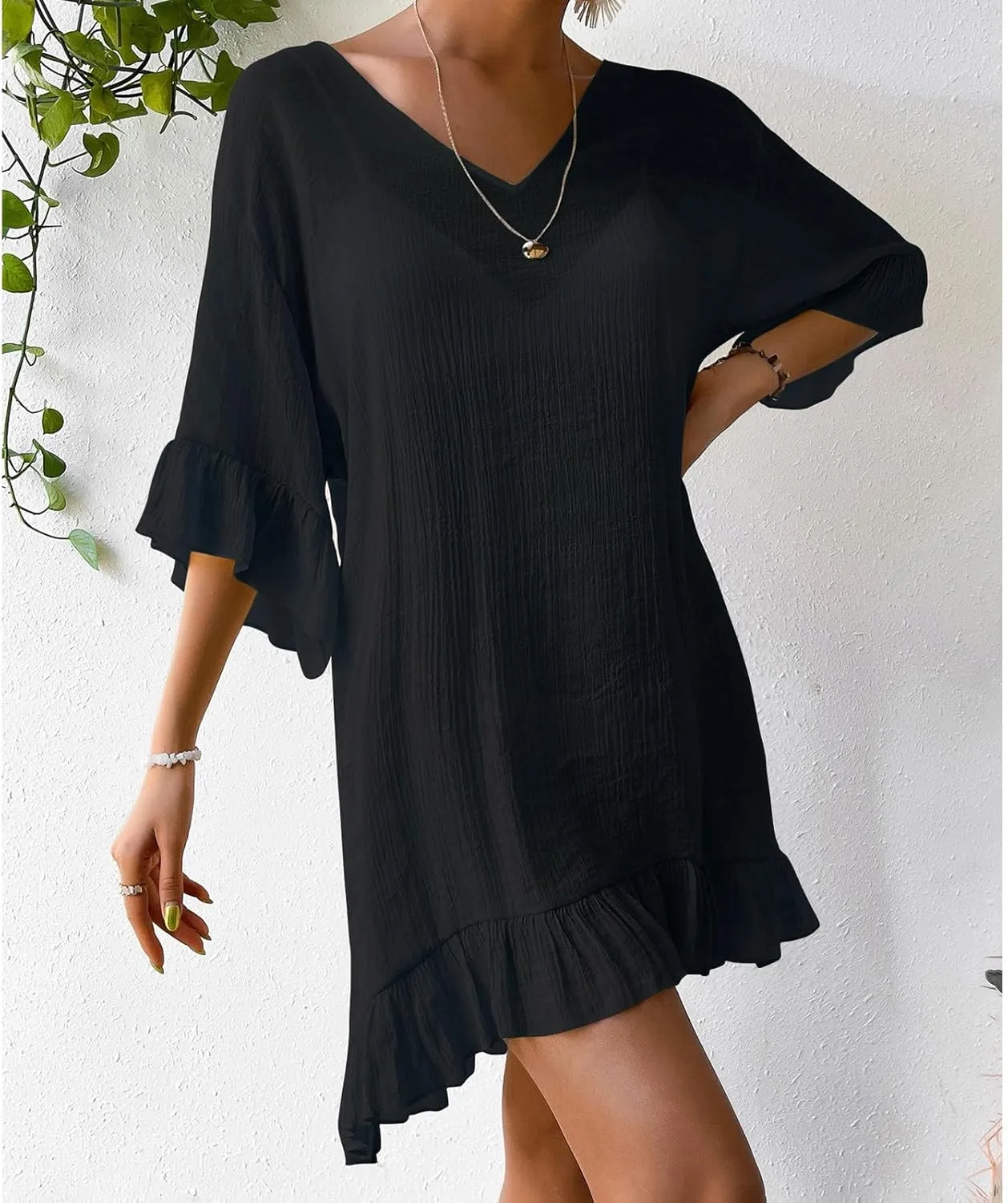 HGps8w Women's Ruffle Hem Linen Coverups Sexy Backless Loose V Neck Vacation Beach Dress Boho Party Swimsuit Cover Up