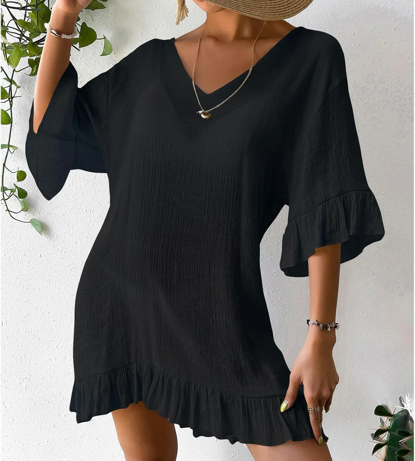 HGps8w Women's Ruffle Hem Linen Coverups Sexy Backless Loose V Neck Vacation Beach Dress Boho Party Swimsuit Cover Up