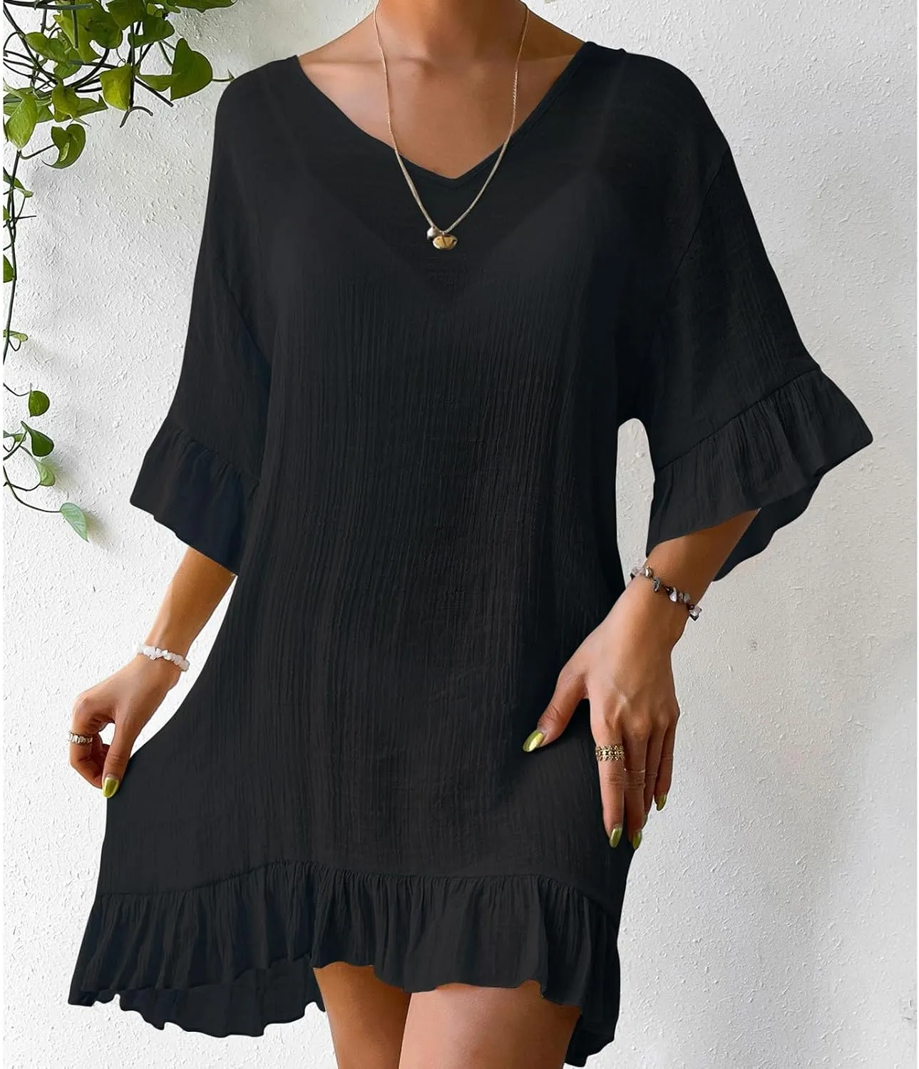 HGps8w Women's Ruffle Hem Linen Coverups Sexy Backless Loose V Neck Vacation Beach Dress Boho Party Swimsuit Cover Up