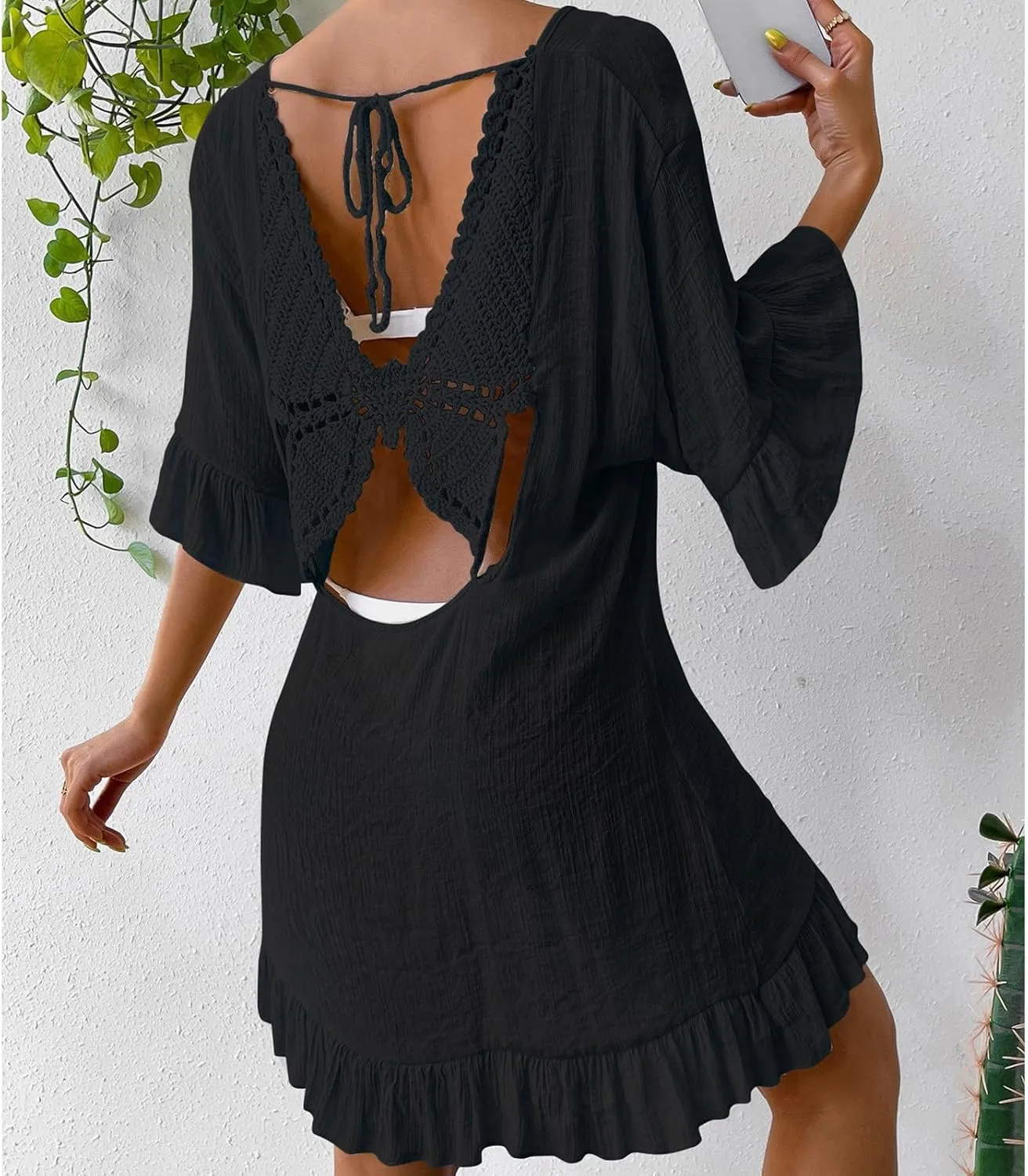 HGps8w Women's Ruffle Hem Linen Coverups Sexy Backless Loose V Neck Vacation Beach Dress Boho Party Swimsuit Cover Up