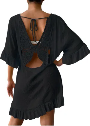 HGps8w Women's Ruffle Hem Linen Coverups Sexy Backless Loose V Neck Vacation Beach Dress Boho Party Swimsuit Cover Up