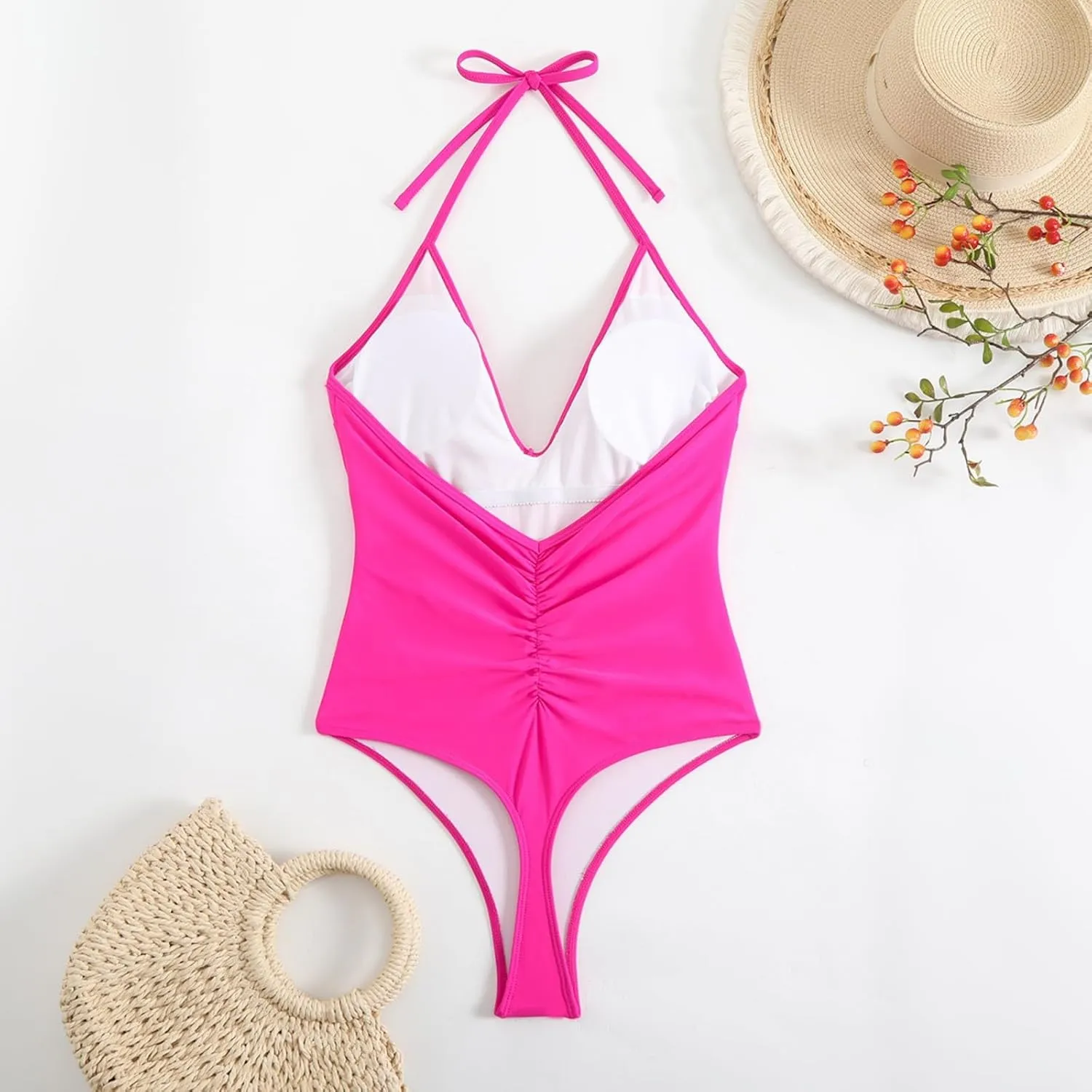 HGps8w Women's Tummy Control One Piece Swimsuit Sexy Deep V Neck Backless Bathing Suit Slimming Halter Padded Swimwear