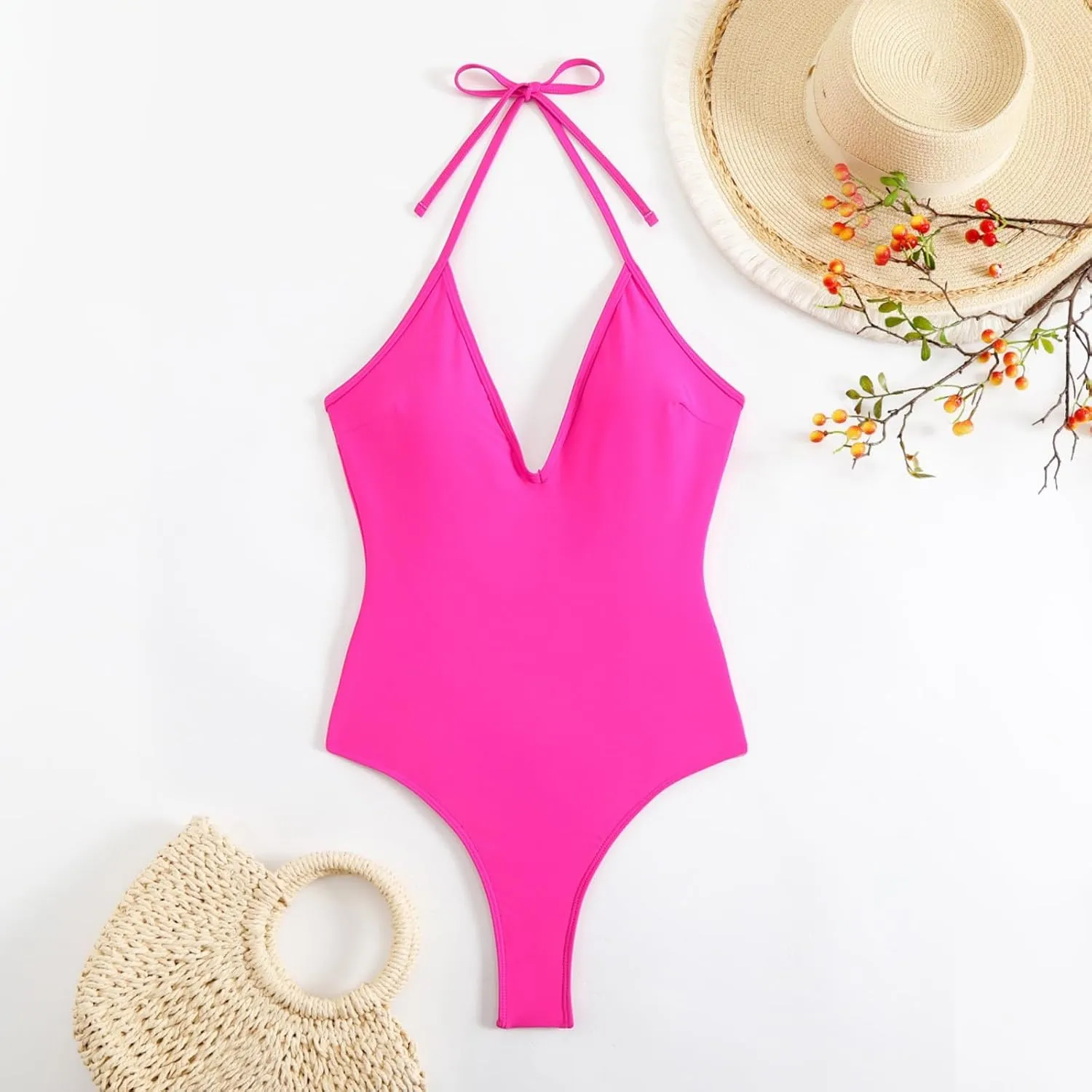 HGps8w Women's Tummy Control One Piece Swimsuit Sexy Deep V Neck Backless Bathing Suit Slimming Halter Padded Swimwear