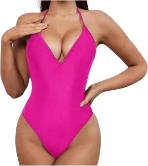 HGps8w Women's Tummy Control One Piece Swimsuit Sexy Deep V Neck Backless Bathing Suit Slimming Halter Padded Swimwear