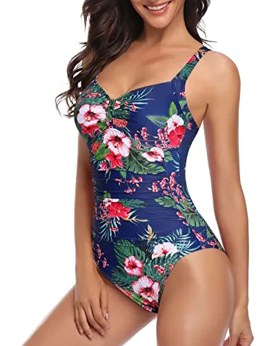High Cut Full Coverage Backless One Piece Swimsuits-Blue Floral