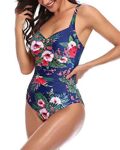 High Cut Full Coverage Backless One Piece Swimsuits-Blue Floral