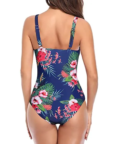 High Cut Full Coverage Backless One Piece Swimsuits-Blue Floral