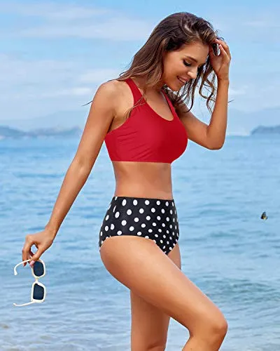 High Cut Legs Women High Waisted Two Piece Bikini-Red Dot
