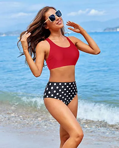 High Cut Legs Women High Waisted Two Piece Bikini-Red Dot