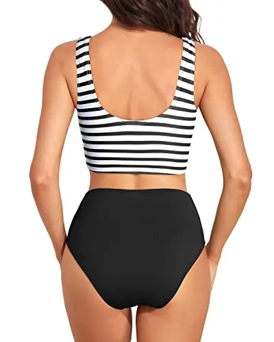 High Cut Swimsuit Sporty Crop Bikini Top Full Coverage Swim Bottoms for Women