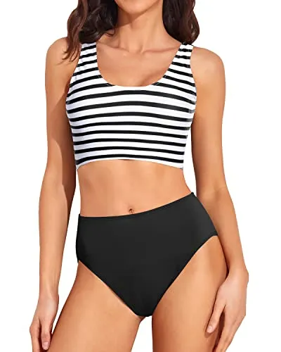 High Cut Swimsuit Sporty Crop Bikini Top Full Coverage Swim Bottoms for Women