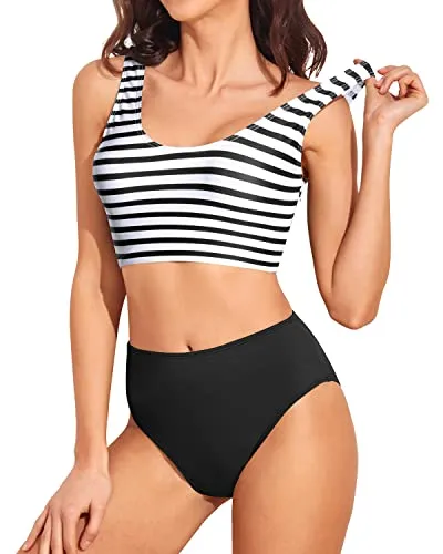High Cut Swimsuit Sporty Crop Bikini Top Full Coverage Swim Bottoms for Women