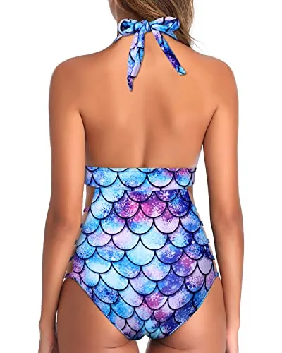 High Leg Cut Out String Swimwear Backless One Piece Swimsuits-Blue-Purple Mermaid Scales