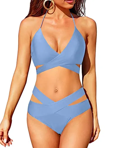 High Leg Women's Two Piece Bikini Push Up Swimsuit Halter Wrap Bathing Suit-Light Blue