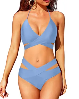 High Leg Women's Two Piece Bikini Push Up Swimsuit Halter Wrap Bathing Suit-Light Blue
