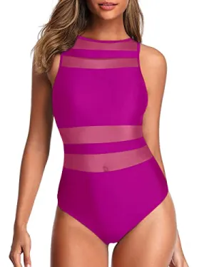 High Neck One Piece Swimsuits For Women Mesh Open Back Swimwear-Hot Pink