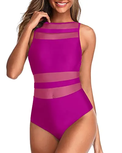 High Neck One Piece Swimsuits For Women Mesh Open Back Swimwear-Hot Pink
