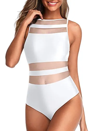 High Neck One Piece Swimsuits For Women Open Back Swimwear-White