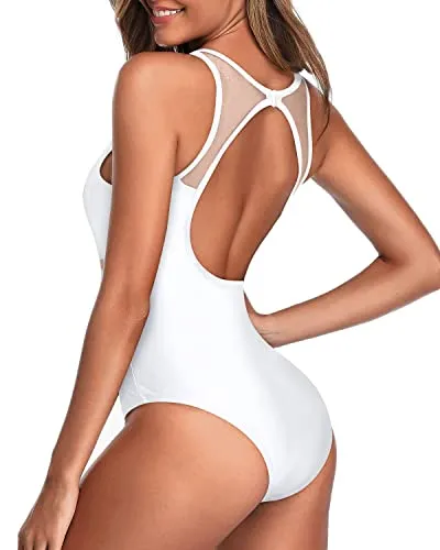 High Neck One Piece Swimsuits For Women Open Back Swimwear-White